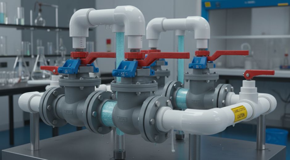 Laboratory PVC pipe manifold with red and blue ball valves and flow indicators.