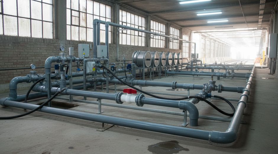 An industrial irrigation pipe and valve system installed inside a large warehouse facility.